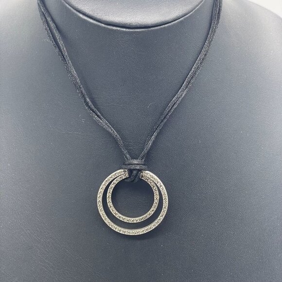 WHBM White House Black Market Double Circle Pendant Black Cord Necklace Beach - Picture 2 of 6